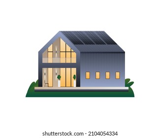 Modern two-storey energy-efficient house with solar panels on the roof and panoramic glazing. Vector full-color illustration.