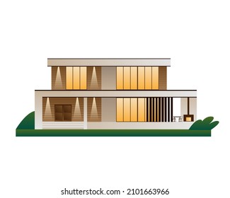 Modern two-storey house with a flat roof and panoramic glazing. Vector full-color illustration.