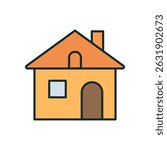 Modern two-story house icon with orange gable roof, chimney, and yellow walls in flat cartoon style