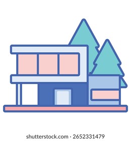 Modern Two-Story House with Trees, Geometric Design, Blue and Pi