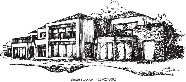 modern two-story residential house perspective sketchy image. concept exterior design. contemporary villa logo, banner, hotel, resort, label 