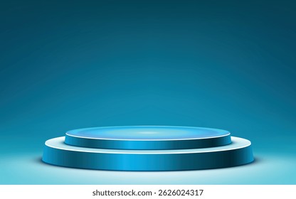 Modern two-tiered cylindrical podium with a reflective blue top and white base, accented by a blue band. Perfect for awards, high-end product displays, or elegant event branding.