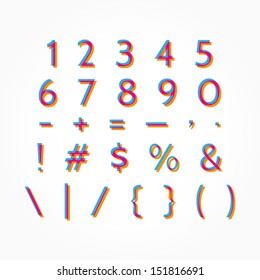 Modern type numbers and symbols with stereo effect. Multicolored typography for your design. Abstract numbers and symbols. Vector illustration eps 10