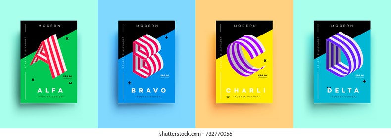 Modern Typographic Colorful Covers. Isometric Letters A, B, C, D With Abstract Memphis Design Background. Vector Trendy Template For Your Posters, Banners, Presentations, Layouts.