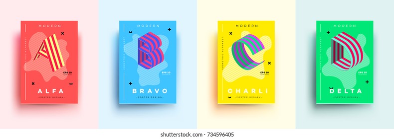 Modern Typographic Colorful Covers. Isometric Letters A, B, C, D With Abstract Memphis Design Background. Vector Trendy Template For Your Posters, Banners, Presentations, Layouts.