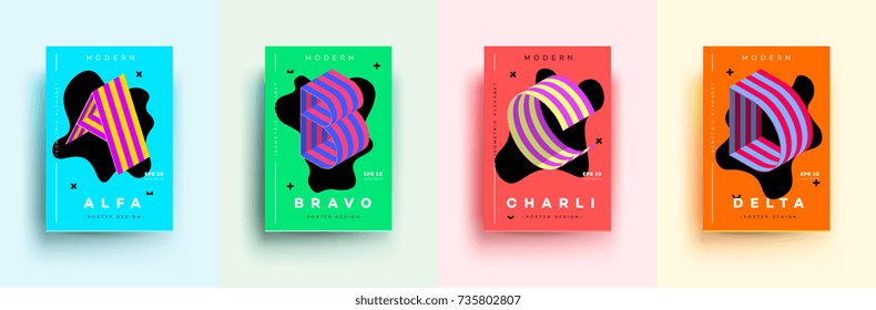 Modern Typographic Colorful Covers. Isometric Letters A, B, C, D With Abstract Memphis Design Background. Vector Trendy Template For Your Posters, Banners, Presentations, Layouts.