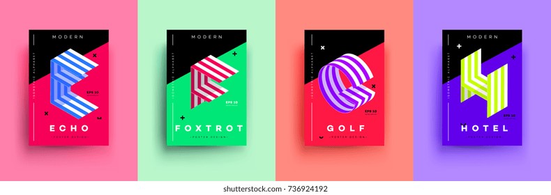 Modern Typographic Colorful Covers. Isometric Letters E, F, G, H With Abstract Memphis Design Background. Vector Trendy Template For Your Posters, Banners, Presentations, Layouts.