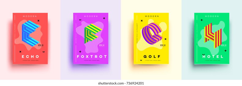 Modern Typographic Colorful Covers. Isometric Letters E, F, G, H With Abstract Memphis Design Background. Vector Trendy Template For Your Posters, Banners, Presentations, Layouts.