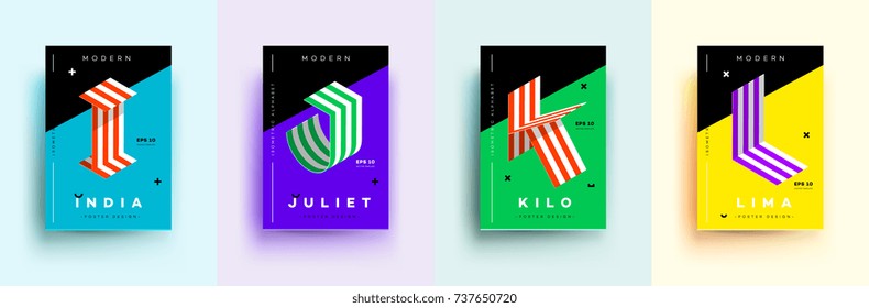 Modern Typographic Colorful Covers. Isometric Letters I, J, K, L With Abstract Memphis Design Background. Vector Trendy Template For Your Posters, Banners, Presentations, Layouts.