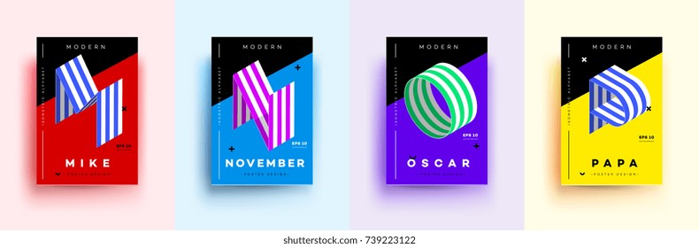 Modern Typographic Colorful Covers. Isometric Letters M, N, O, P With Abstract Memphis Design Background. Vector Trendy Template For Your Posters, Banners, Presentations, Layouts.
