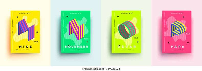 Modern Typographic Colorful Covers. Isometric Letters M, N, O, P With Abstract Memphis Design Background. Vector Trendy Template For Your Posters, Banners, Presentations, Layouts.