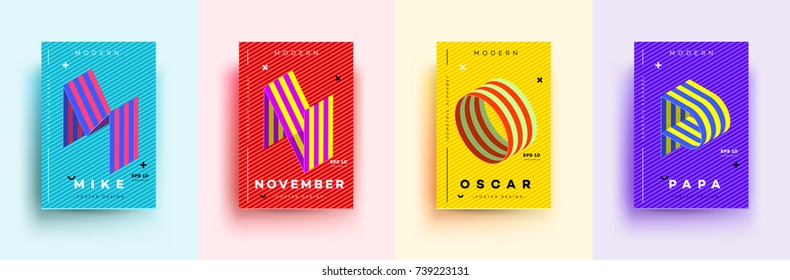 Modern Typographic Colorful Covers. Isometric Letters M, N, O, P With Abstract Memphis Design Background. Vector Trendy Template For Your Posters, Banners, Presentations, Layouts.