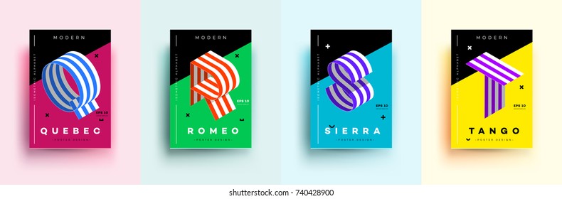 Modern Typographic Colorful Covers. Isometric Letters Q, R, S,T With Abstract Memphis Design Background. Vector Trendy Template For Your Posters, Banners, Presentations, Layouts.