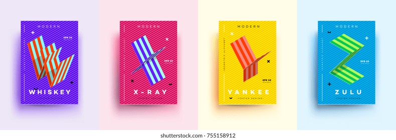 Modern Typographic Colorful Covers. Isometric Letters W, X, Y, Z With Abstract Memphis Design Background. Vector Trendy Template For Your Posters, Banners, Presentations, Layouts.