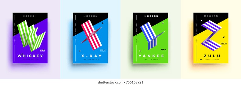 Modern Typographic Colorful Covers. Isometric Letters W, X, Y, Z With Abstract Memphis Design Background. Vector Trendy Template For Your Posters, Banners, Presentations, Layouts.