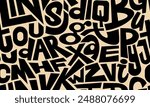 Modern typographic design. Creative and abstract arrangement of uppercase letters from the alphabet, scattered in various sizes and orientations against a beige background.