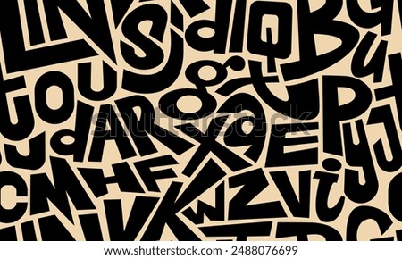Modern typographic design. Creative and abstract arrangement of uppercase letters from the alphabet, scattered in various sizes and orientations against a beige background.