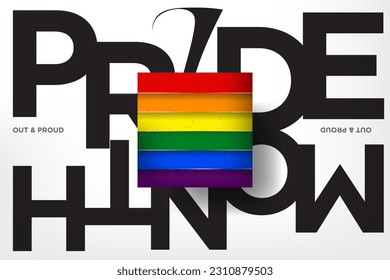 Modernes Typografisches Pride Month Poster. Pride Month Typografie mit realistischen quadratischen Regenbogen-Stolz Flaggenzeichen. Stilvolles Design für LGBTQ+ Theme. Vektorgrafik. EPS10