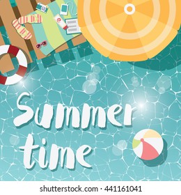 Modern typographic summer poster design flip flops, swimming pool and beach items, vector illustration