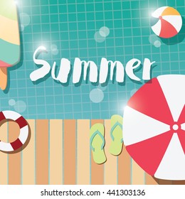 Modern typographic summer poster design with ice cream, swimming pool and geometric elements, vector illustration