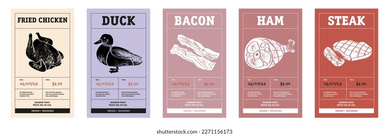 Modern typography banner, hand drawn fried chicken, duck, bacon, ham, steak. Meat abstract vector packaging labels design set. Color paper background layouts collection Isolated.