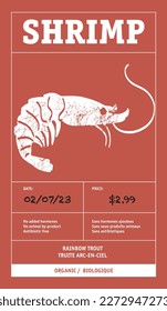 Moderner Typografie-Banner, handgezeichnetes Tintenfisch-Fleisch. Shrimp abstrakte Vektorverpackungsetiketten Design Set. Kollektion von Farbpapier-Hintergrundlayouts isoliert.