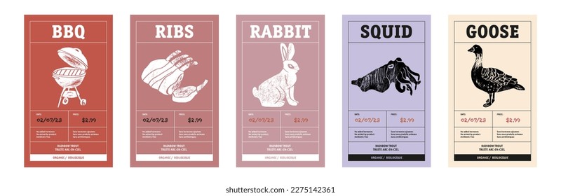 Modern typography banner, hand drawn bbq, ribs, rabbit, squid, goose. Meat abstract vector packaging labels design set. Color paper background layouts collection Isolated.