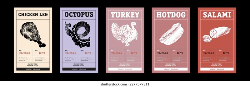 Modern typography banner, hand drawn steak. Meat, chicken legs, octopus, turkey, hotdog, salami abstract vector packaging labels design set. Color paper background layouts collection Isolated.