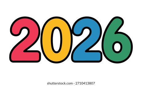 Tipografía moderna "2026" en estilo Vector plano limpio, con Formas geométricas, líneas suaves y trazos en capas lúdicas sobre un fondo blanco perfecto para los diseños del año Nuevo