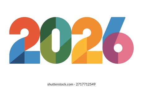 Tipografía moderna "2026" en estilo Vector plano limpio, con Formas geométricas, líneas suaves y trazos en capas lúdicas sobre un fondo blanco perfecto para los diseños del año Nuevo