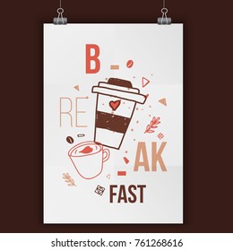 Modern typography coffee poster for wall with line art icons and beans, geometry particles.