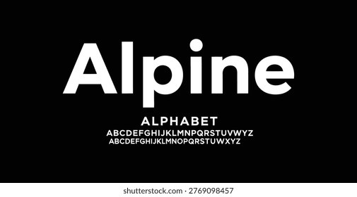 A modern typography design featuring the Alpine alphabet on a black background