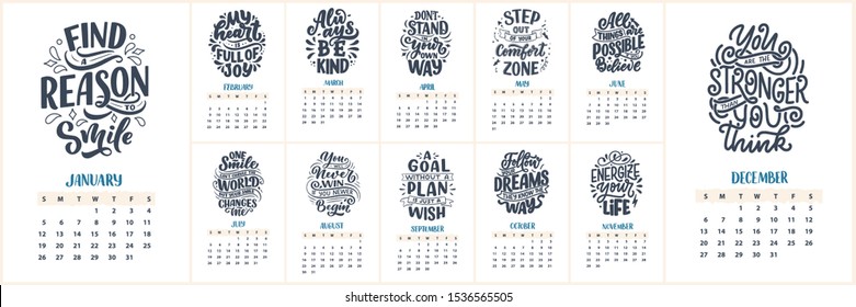 Moderne typografische Schriftzeichen-Kompositionen. 2020 Kalender mit lustigen Motivationsziffern. Handgezeichnete farbige Illustrationen. Trendgeslogan, Vektorgrafik