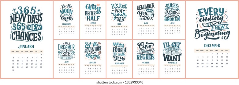 Modern typography lettering compositions for 2021 calendar with funny motivation quotes. Hand drawn trendy season slogans, vector illustration