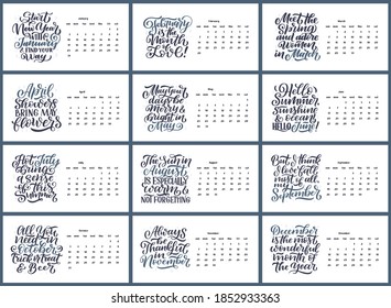 Moderne Schriftzeichen-Kompositionen für den Kalender 2021 mit lustigen Motivationsziffern. Handgezeichnete trendige Saisonslogans, Vektorgrafik