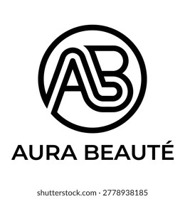 Modern typography logo for Aura Beaute featuring an intertwined A and B monogram within a circle. Clean black and white aesthetic design for beauty salons, skincare brands, and cosmetic products.