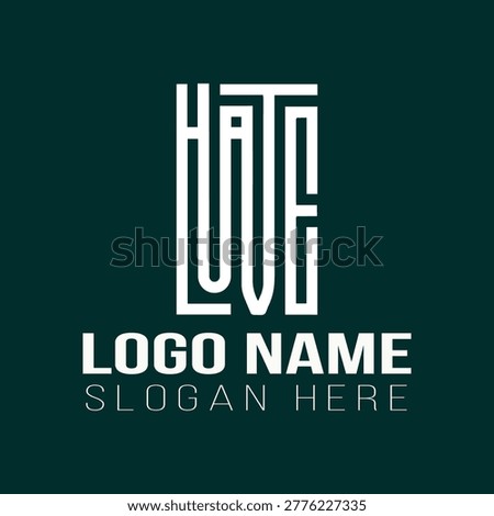 Modern “HATE LOVE” typography logo with vertical geometric lettering, designed for bold lifestyle brands and expressive contemporary identities