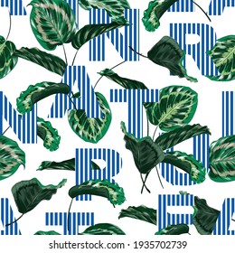 Modern Typography " NATURE" fill in Blue vertical stripe mixed with botanical leaves seamless pattern ,Design for fashion , fabric, textile, wallpaper, cover, web , wrapping and all prints on white
