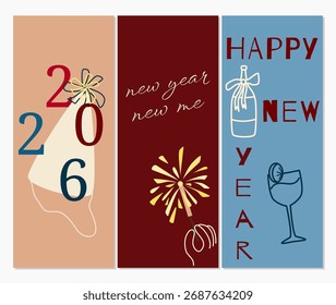Tipografía moderna Año Nuevo 2026 tipografía con copa de vino elegante y fuegos artificiales. Ideal para tarjetas de felicitación, invitaciones y carteles.