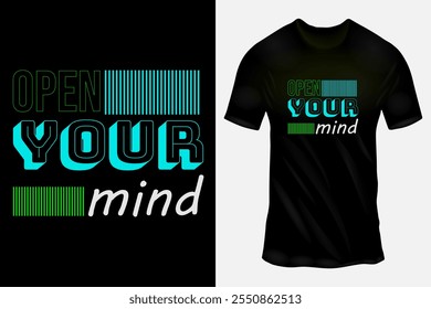 Modern Typography T-Shirt Design with 'Open Your Mind' Text in Neon Green and Blue on Black Background