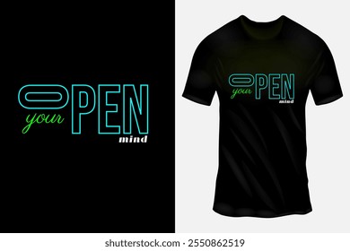 Modern Typography T-Shirt Design with 'Open Your Mind' Text in Neon Green and Blue on Black Background