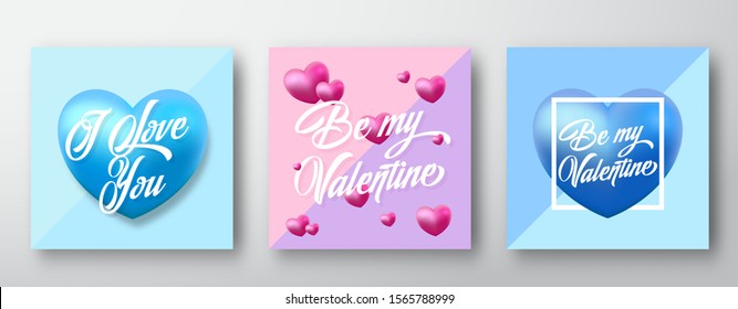 Modern Typography Valentines Day Vector Greetings with Purple and Blue Heart Silhouettes on a Light Blue and Mint Backgrounds Set. Classy Gentle Cards or Posters Bundle. Social Media Post Templates.