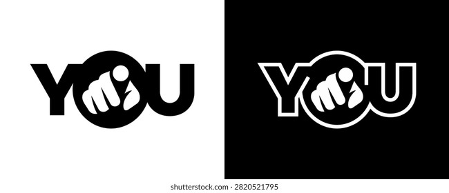 Modern Typography 'YOU' Logo Design with Pointing Hand Index Finger Icon for Recruitment, Choice, Business Branding, Target Audience, and Selection Vector
