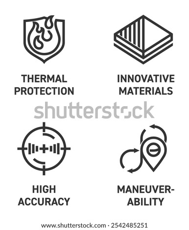 Modern UAV military drones and reactive weapons benefits circle icons set in bold line - thermal protection, innovative materials, accuracy, high maneuverability