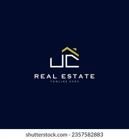 modern UC letter real estate logo in linear style with simple roof building in blue