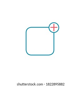 Moderne UI-App-Schaltfläche. Das Symbol mit quadratischem Zeichen hinzufügen. Rahmensymbol auf weißem Hintergrund. Web-Site, Seite und mobile App Design-Vektorelement.