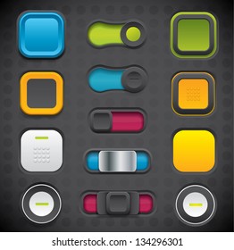 Modern UI button set including switches and push buttons in dark color variations