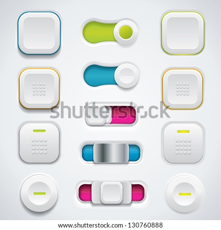Modern UI button set including switches and push buttons in different design variations