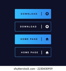 Conjunto de botones futuristas de descarga para sitio web, diseño de interfaz de usuario web, activos e inactivos, colores holográficos azules, elementos vectoriales