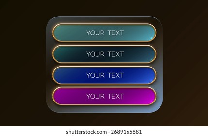 Modern UI buttons with gold frames. A set of elegant colorful banners for web design, apps, or infographics. Vector illustration